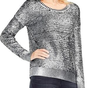 Two by Vince Camuto Black Chunky Knit Silver Metallic Coated Pullover Sweater